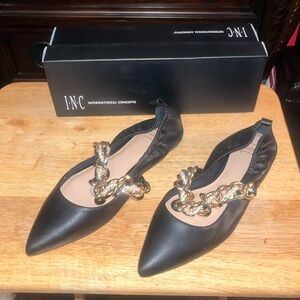 INC black flats, w/gold chain w/string of pearls acrosss the top of the shoe